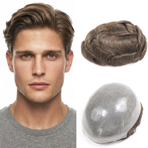 HAPPY&CC Men's Hair Toupee Full PU Around Base Hair Replacement System For Man Invisible Hairline Hair Pieces Breathable&Durable Male Hair Units 8×10 Inch