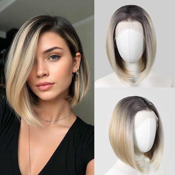 HAPPY&CC Straight Bob Wigs For Women Drawstring Lace Front Synthetic Wig Dark Root Platinum Blonde Wig Cap Invisible Hairline Women Wig 10inch