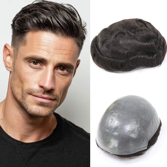 HAPPY&CC Toupee For Man Hair Piece Full Pu Around Base Hair Replacement System Natural Looking Hairline Male Hair Units 6 Inch