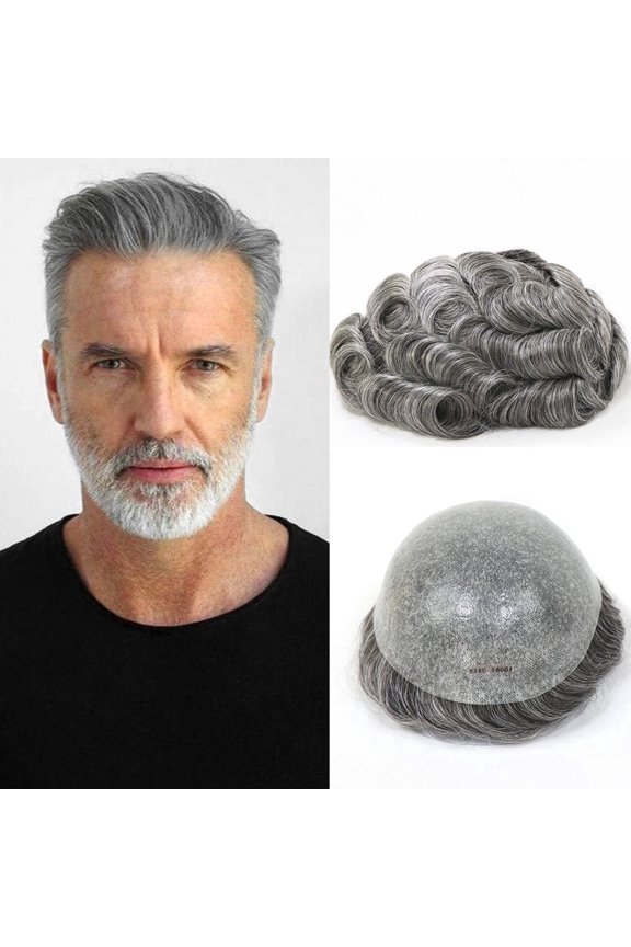 Toupee For Men Hair Piece Natural Looking Hairline Full PU Base Hair Replacement System Durable Male Hair Units With Gray 8×10 Inch