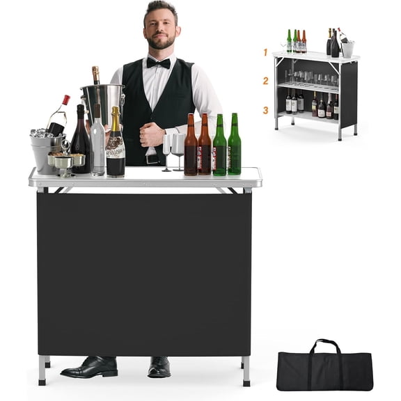 HAPPY  DAY Portable Aluminum Folding Bar Table with Tier Shelves Mobile for Events Party Camping Picnic Tradeshow Indoor Outdoor Black Skirt Lightweight Durable