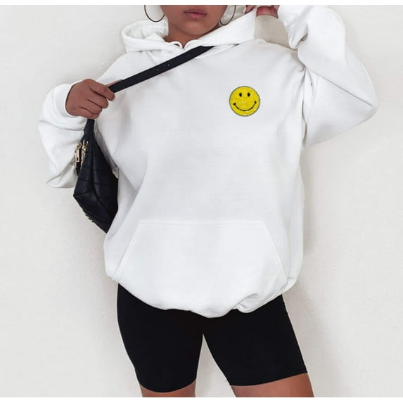 HAPPY FACE SEQUIN Patch Graphic Unisex Fleece Hooded Sweatshirt