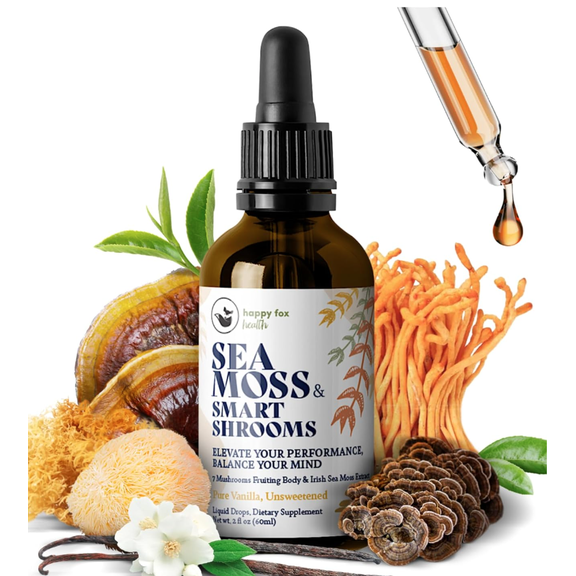 HAPPY FOX Organic Irish Sea Moss Liquid Drops & Mushroom Tincture Seamoss & 7 Adaptogenic Mushroom Extract for Cognitive Support & Immunity Boost - Mushroom Coffee Elixir, Pure Vanilla