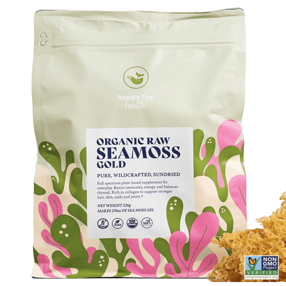 HAPPY FOX Sea Moss Raw Organic for Organic Seamoss Gel Makes 170oz of Dr Sebi Sea Moss Gel - Certified Non-GMO, Wildcrated Organic Raw Sea Moss - 6 Mos Supply of Seamoss Gel - 226 Gram Bag