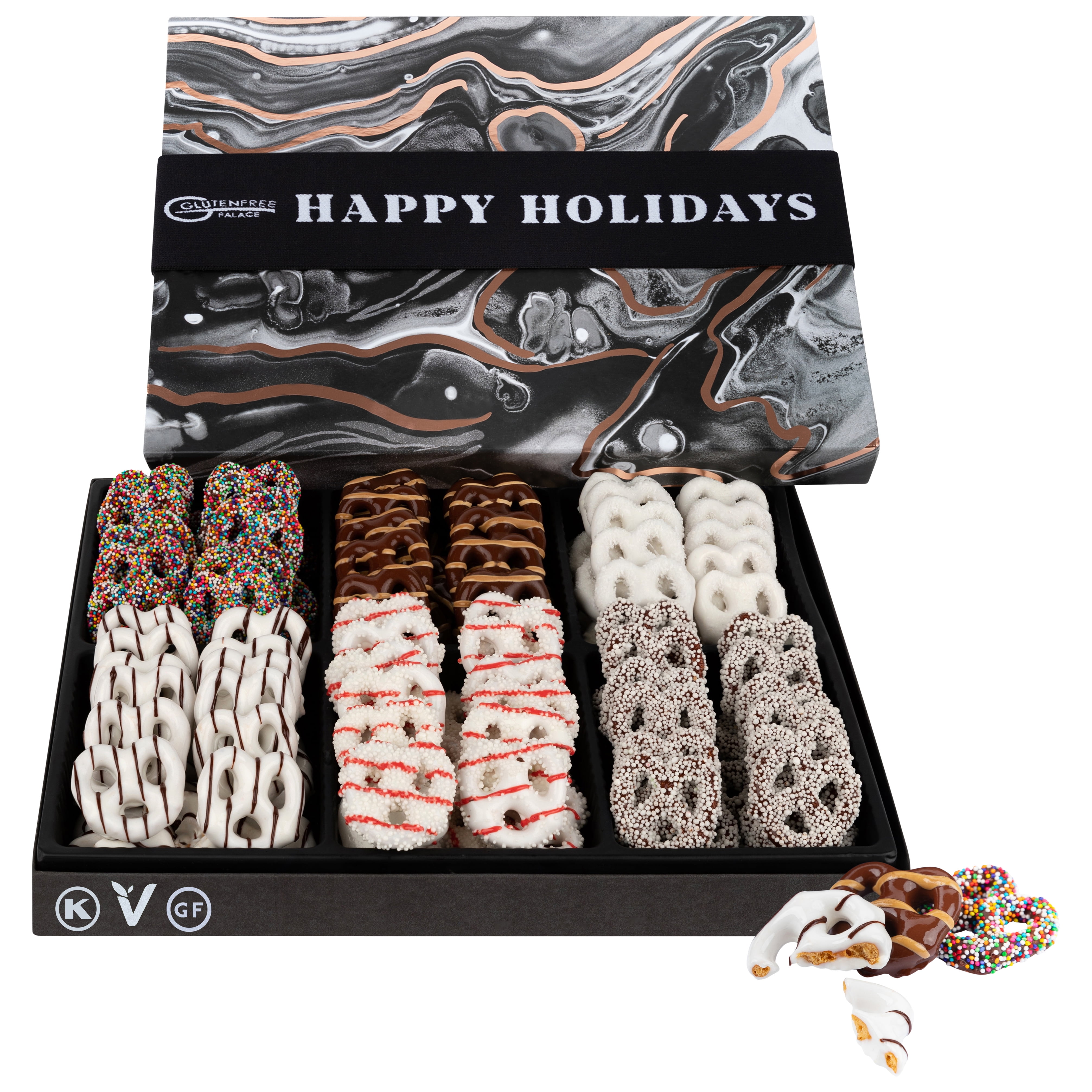 HAPPY HOLIDAY Gift Basket GLUTEN FREE, Chocolate Covered Pretzel Gift 6  Flavors Gourmet Holiday Gift, Same Day Delivery Items for Christmas, New  Years, Corporate Gift