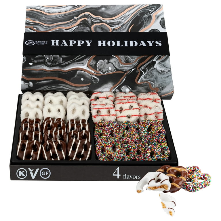 HAPPY HOLIDAYS Gift Basket | Chocolate Covered Gluten Free Pretzels 4  Flavors Gourmet Holiday Gift | Same Day Delivery Items for Christmas, New  Years