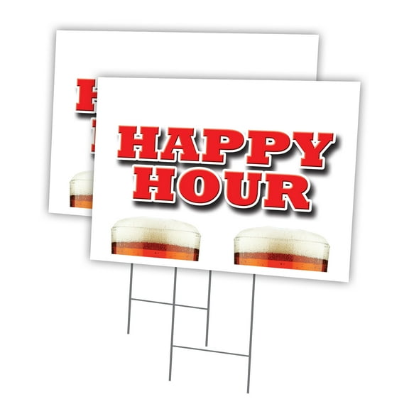 HAPPY HOUR 2 Pack Of 18" x 24" Yard Sign & Stake | Advertise Your Business | Stake Included Image On Front Only | Made in The USA