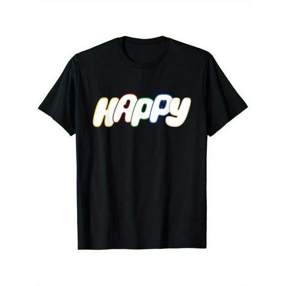 HAPPY K-pop Style Graphic T-Shirt - , Black with Colorful Letter Print, Unisex Casual Tee for Men & Women, Sizes S-XXXL, Everyday Apparel | Trendy Cotton Shirt for Outdoor & Casual WearSizes