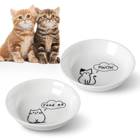 HAPPY KIT Non-Slip 5 Inch Ceramic Food Bowl Set with 2 Cat Bowls for Cats, White (2 Pack)