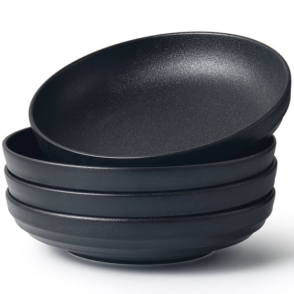 HAPPY KIT 9'' Large Pasta Bowls 42 Oz Stoneware Reactive Glaze, Salad Bowls Set of 4, Serving Bowls for Fruit,Soup,Noodle, Dinner, Scratch Resistant, Matte Black