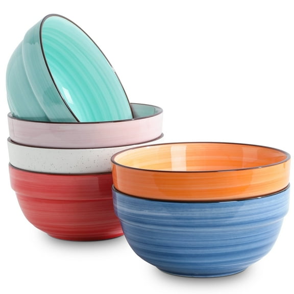 HAPPY KIT Hand-painted Ceramic Cereal Soup Bowls, 6 inch, warm colors  Set of 6, 24 oz