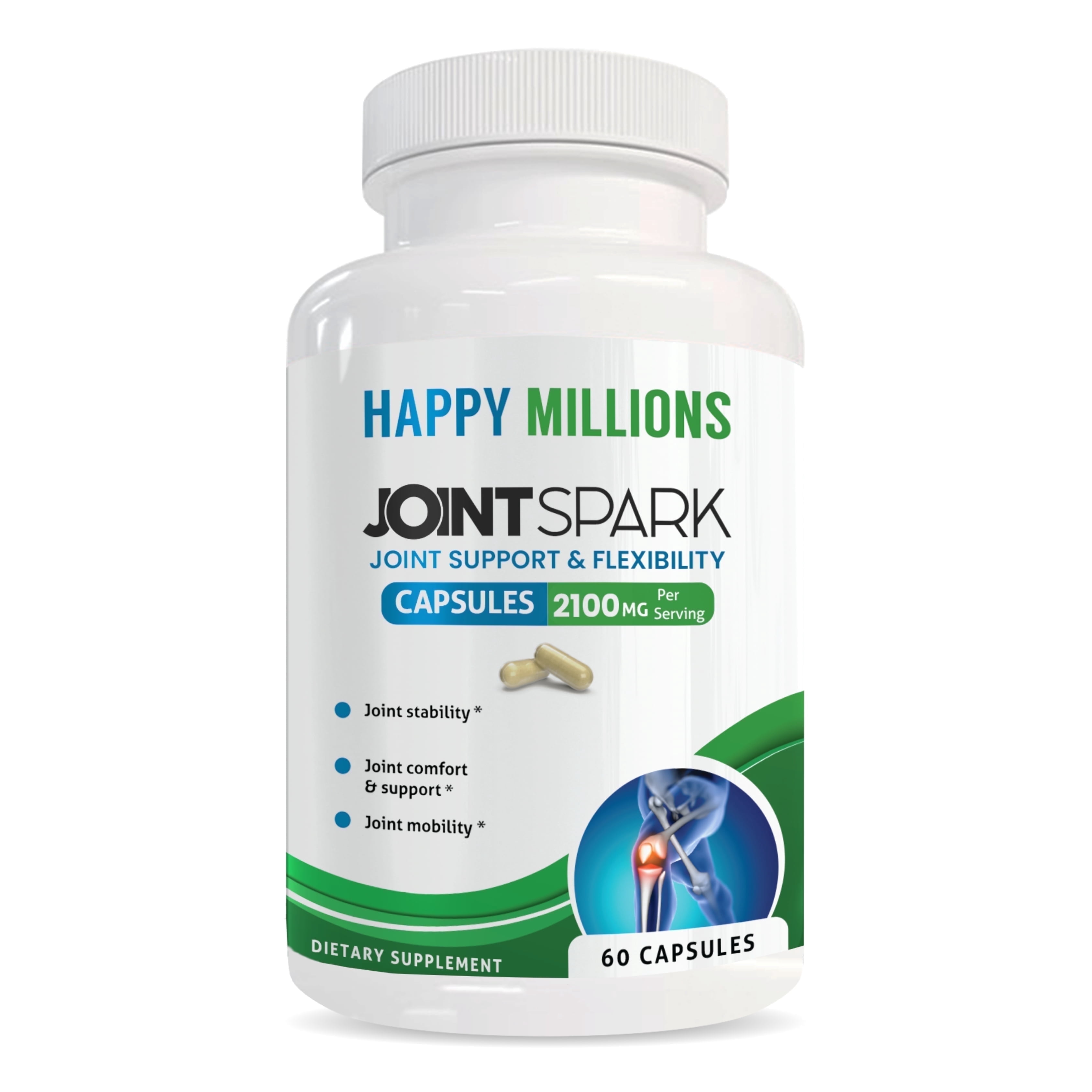 Happy Millions JointSpark Glucosamine  Boswelli Chondroitin Dietary Supplement for Joint Health 2100mg, 60 Capsules Non-GMO, Gluten-Free