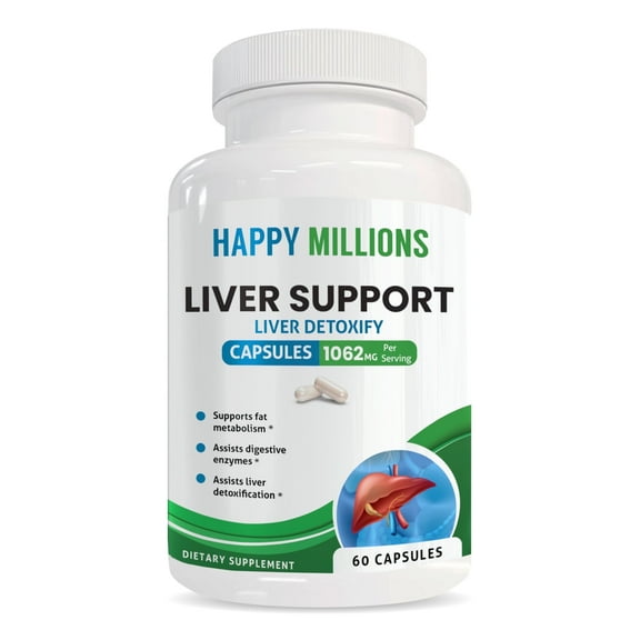 Happy Millions Liver Support Detox & Cleanse Herbal Supplement Milk Thistle Artichoke Extract Dandelion Root Choline 1062mg, 60 Capsules
