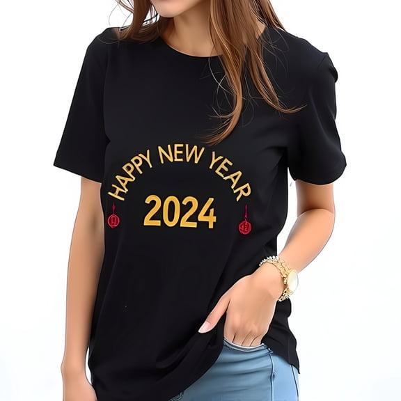HAPPY NEW YEAR 2024 Cotton Short Sleeve T-Shirt with Festive Design - Casual Black Tee for Celebrations