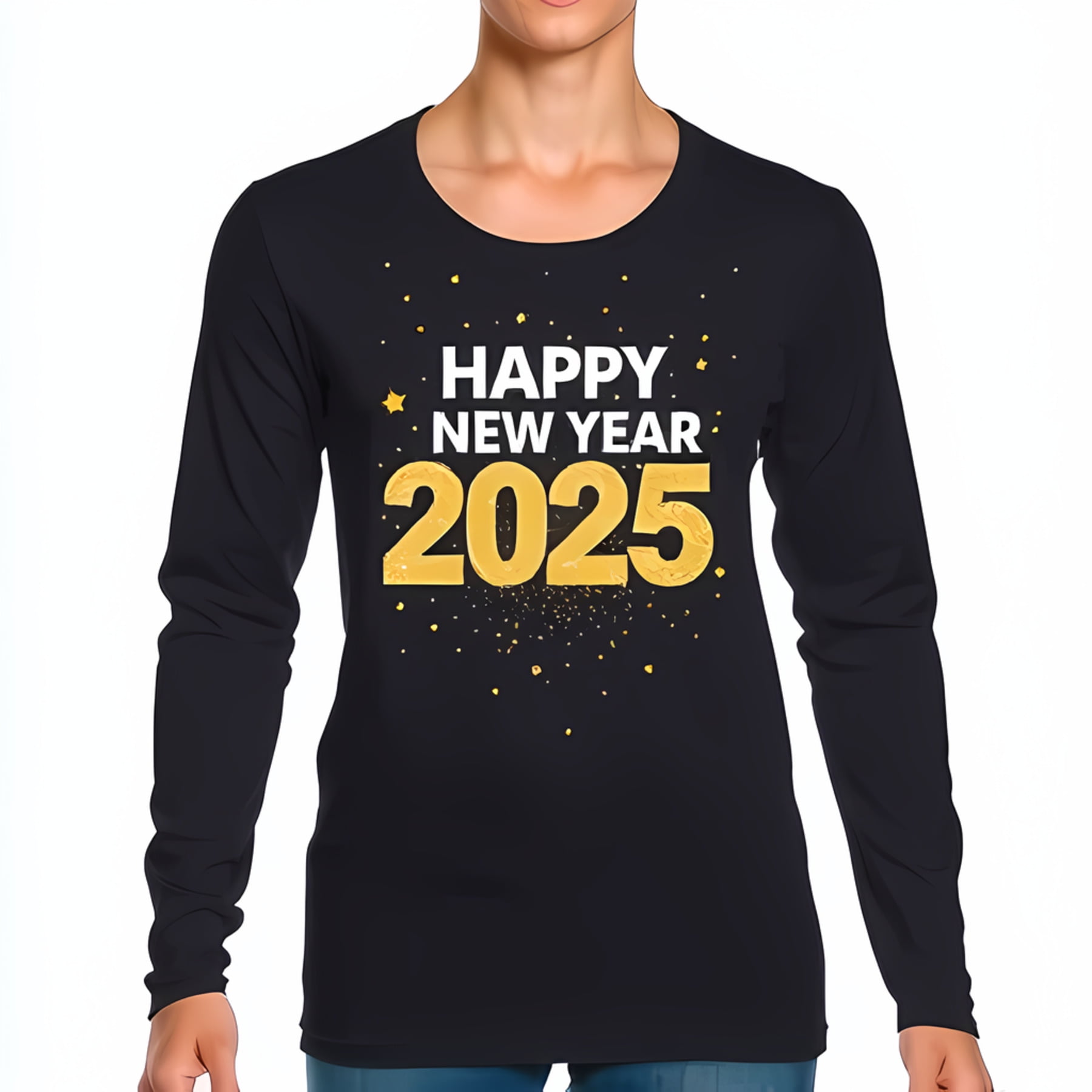 HAPPY NEW YEAR 2025 Long Sleeve TShirt for Men Stylish Gold Font