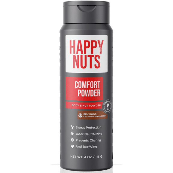 HAPPY NUTS Comfort Powder 4oz Big Wood - Anti Chafing & Deodorant, Aluminum-Free, Sweat & Odor Control for Jock Itch, Groin & Men's Private