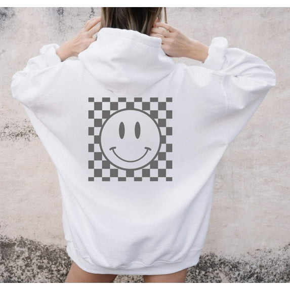 HAPPY SMILEY FACE Front Back Graphic Unisex Fleece Hooded Sweatshirt