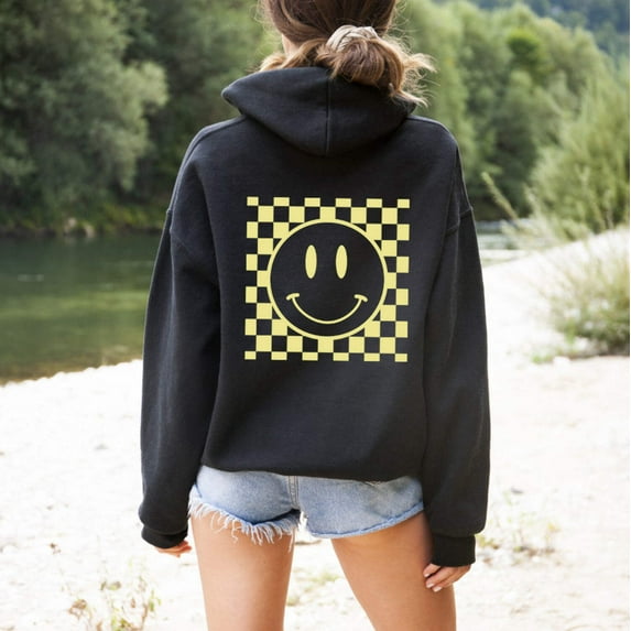 HAPPY SMILEY FACE Front Back Graphic Unisex Fleece Hooded Sweatshirt