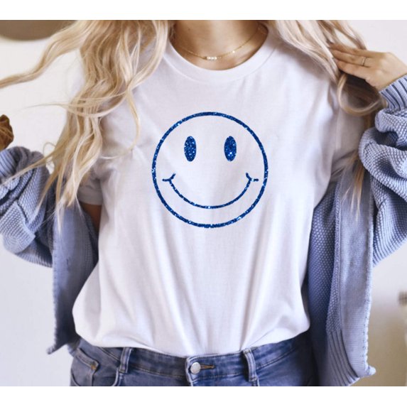 HAPPY SMILEY FACE GLITTER Grpahic Short sleeve Tees