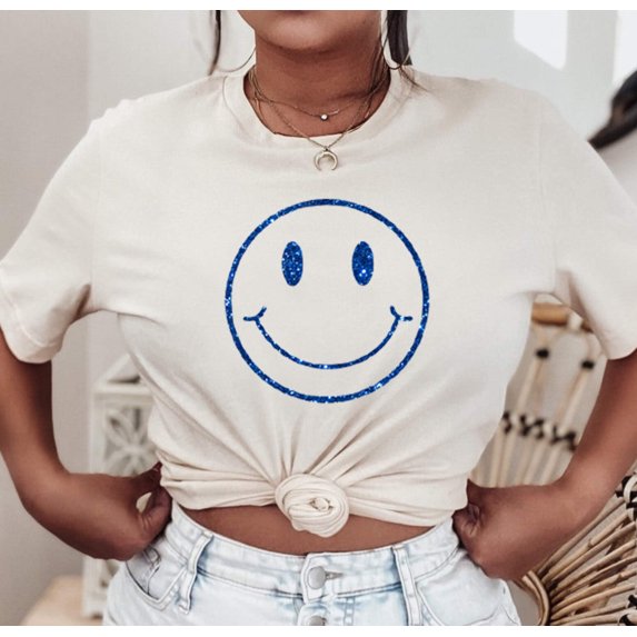 HAPPY SMILEY FACE GLITTER Grpahic Short sleeve Tees