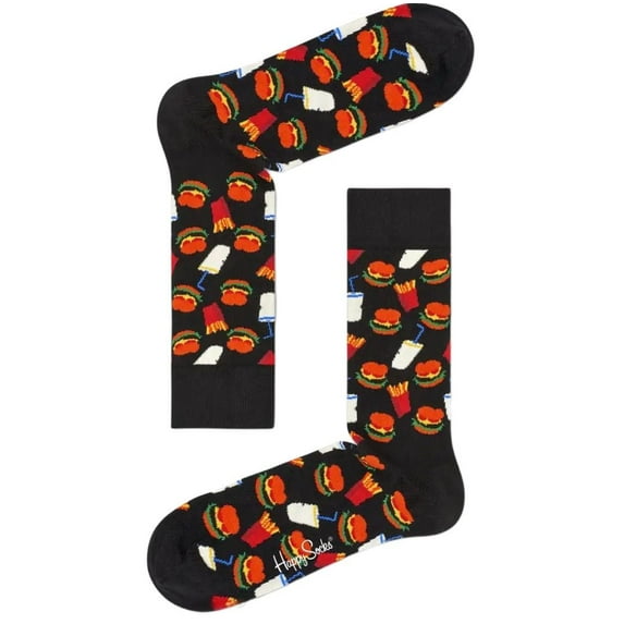 HAPPY SOCKS Men's Hamburger Combed Cotton Crew Sock, Black, 8-12