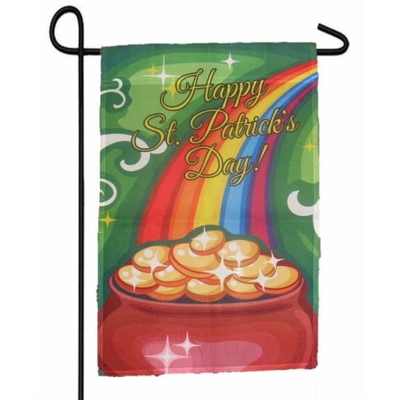HAPPY ST. PATRICKS DAY POT GOLD RAINBOW GARDEN BANNER/FLAG 12"X18" SLEEVED POLY