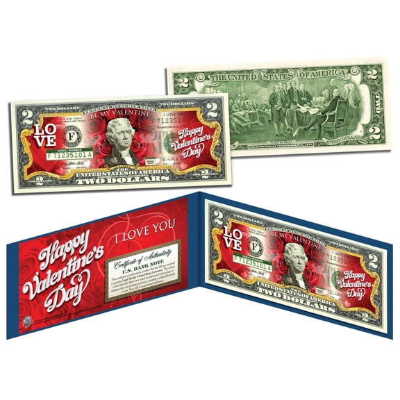 HAPPY VALENTINE'S DAY Keepsake Gift Colorized $2 Bill US Legal Tender *Red Roses