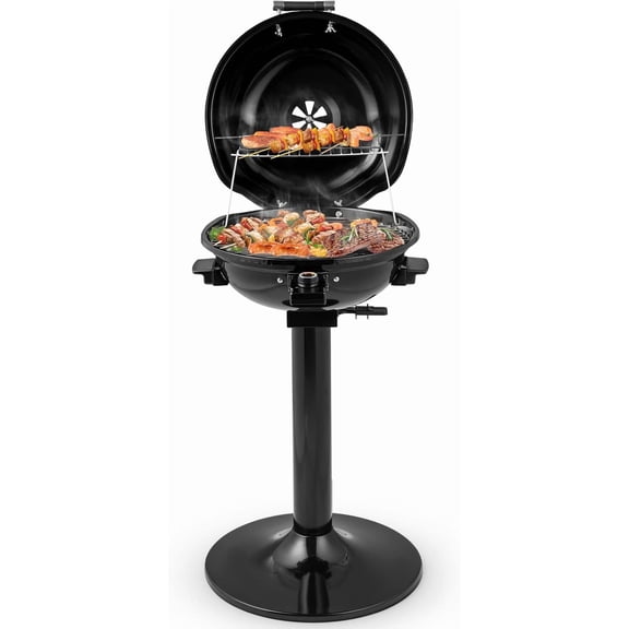 HAPPYGRILL 1600W electric Grill Outdoor, Portable BBQ Grill with Warming Tray, Removable Non-Stick Grill Rack, Adjustable Temperature& Oil Drip Tray for Patio, Camping, Picnic