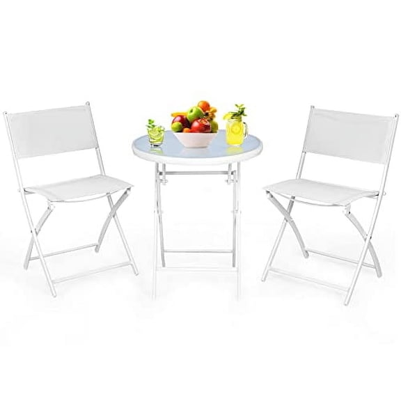 HAPPYGRILL 3 Piece Patio Folding Bistro Set, Outdoor Foldable Chair & Table Set with Breathable Fabric, Tempered Glass Tabletop, Small Conversation Furniture Set for Porch Balcony Poolside Yard