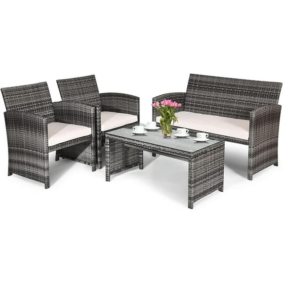 HAPPYGRILL 4 Piece Patio Conversation Set with Soft Cushions Rattan Furniture Set with PE Wicker Coffee Table & Sofa Chairs for Garden Poolside Porch Backyard