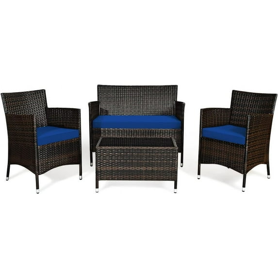 HAPPYGRILL 4 Pieces Patio Sofa Set Rattan Wicker Furniture Patio Conversation Set with Cushioned Sofa and Coffee Table for Outdoor Backyard Garden Poolside