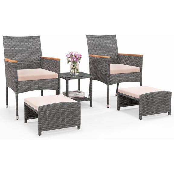 5 Pieces Wicker Patio Conversation Set, PE Rattan Porch Chairs with Ottomans, 2-Tier Coffee Table, Cushions, Outdoor Furniture Set for Garden, Poolside, Balcony