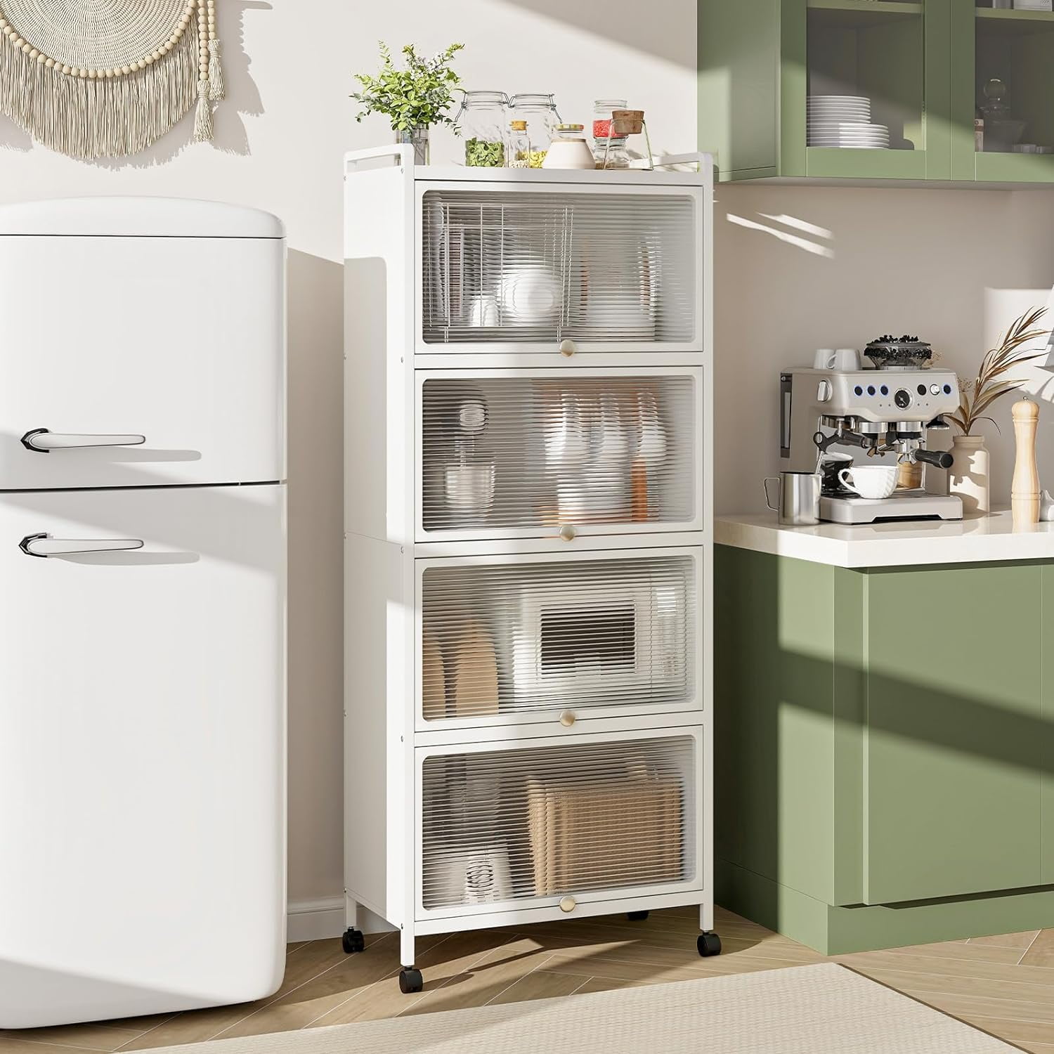 HAPPYGRILL 5-Tier Kitchen Storage Cabinet, Mobile Microwave Stand w ...