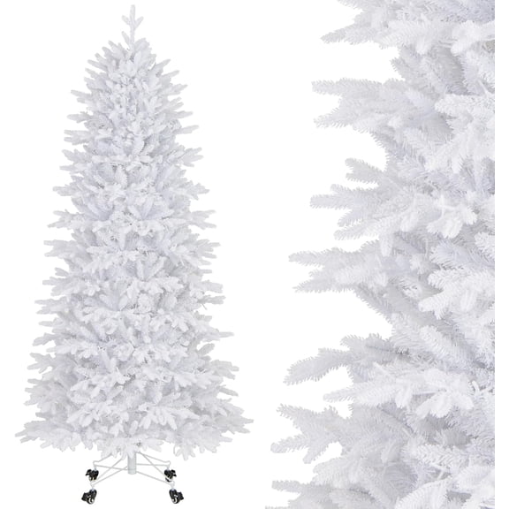 HAPPYGRILL 7 FT Pre-lit Artificial Xmas Tree with Wheels, Mobile Christmas Tree with 1880 PE PVC Branch Tips, 900 Warm White LED Lights, Rolling Metal Base & Hinged Structure, White