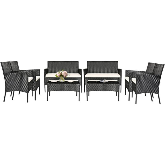 HAPPYGRILL 8 Pieces Patio Furniture Set Rattan Wicker Conversation Set with Tempered Glass Top Table, Outdoor Wicker Sofa Set with Removable Cushions for Poolside Garden Backyard