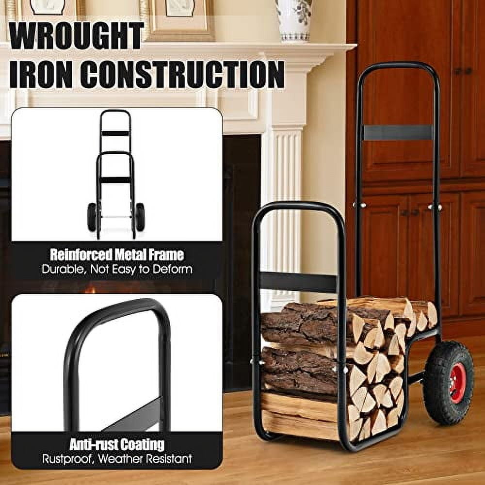 HAPPYGRILL Firewood Rack w/Wheels, 220 lbs Capacity Wood Fireplace Wood ...