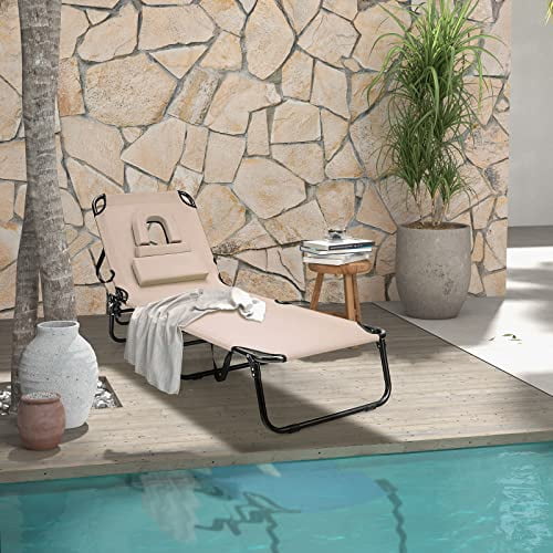 HAPPYGRILL Foldable Chaise Lounge Chair with Face Hole & Detachable ...