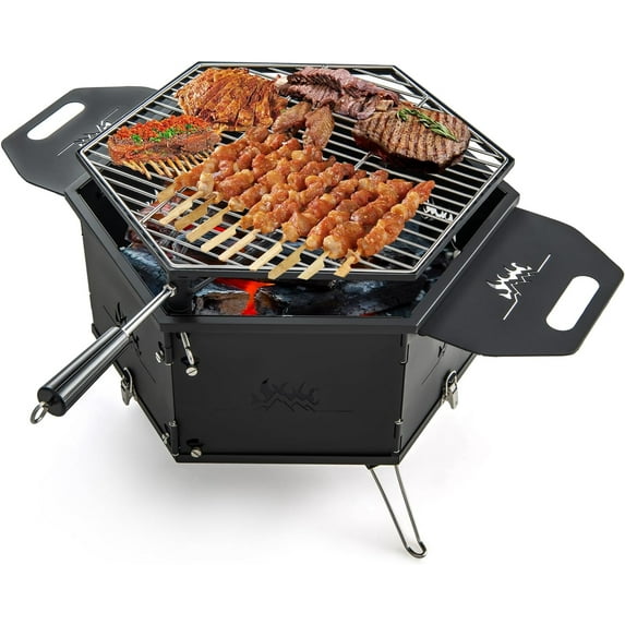 HAPPYGRILL Portable Charcoal Grill Stove, Outdoor Hibachi Grill Smoker w/ 360° Rotatable Grill, Foldable Body & Legs, Heavy-duty BBQ Grill w/Handles for Cooking & Heating