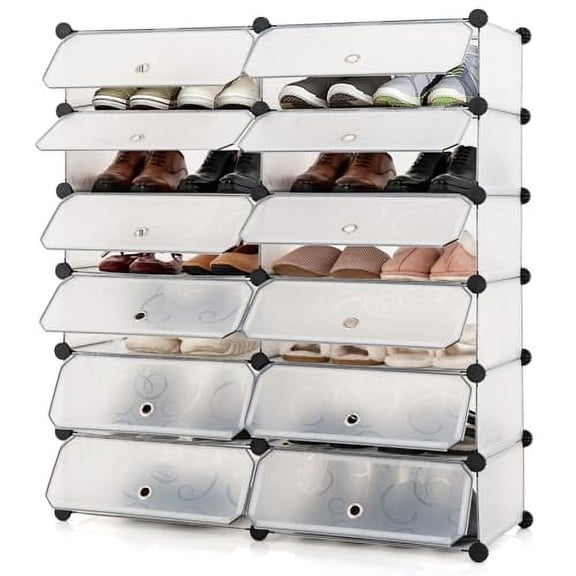 HAPPYGRILL Shoe Rack Organizer, 12-Cube Modular Plastic Shoes Storage Cabinet with 6-Tier Shoe Shelves & Transparent Doors, DIY Design, Freestanding Shoe Cabinet for 24 Pairs Shoes