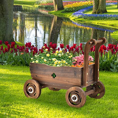 HAPPYGRILL Wagon Flower Planter Cart, 4-Wheel Wood Garden Wagon Decor ...