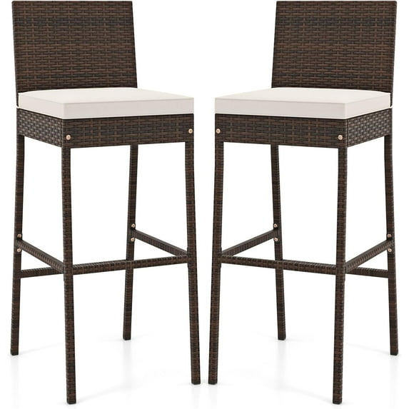 HAPPYGRILL Wicker Patio Barstools Set of 2, Outdoor Rattan Bar Chairs with Footrest & Backrest, Armless High Top Chairs with Seat Cushions for Backyard, Balcony