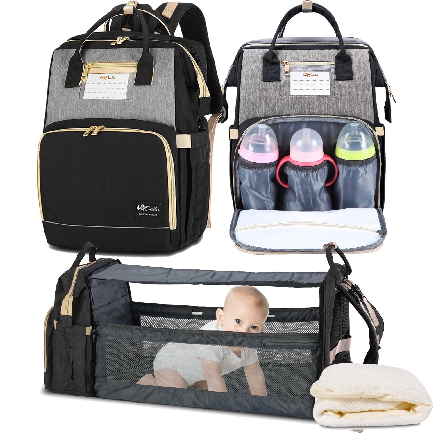 HAPPYLUOKA Diaper Bag Backpack with Changing Station for Baby, Insulated Milk Bottle Pocket, Black/Gray