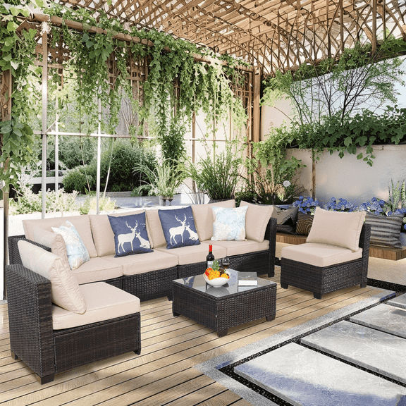 HARAISEDK 7 Piece Sectional Sofa Set Outdoor, Rattan Patio Furniture Set, Outdoor Sectional Furniture, Rattan Chairs Glass Table Wicker Conversation Seating Sectional Sofa with Cushions (Brown Beige)