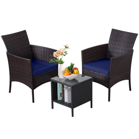 HARAISEDK Patio Bistro Furniture Set 3 Pieces Porch Sets Rattan Wicker Chairs with Table Outdoor Garden Furniture Sets Patio with Coffee Table for Yard and Bistro (Large/Brown/Dark Blue)