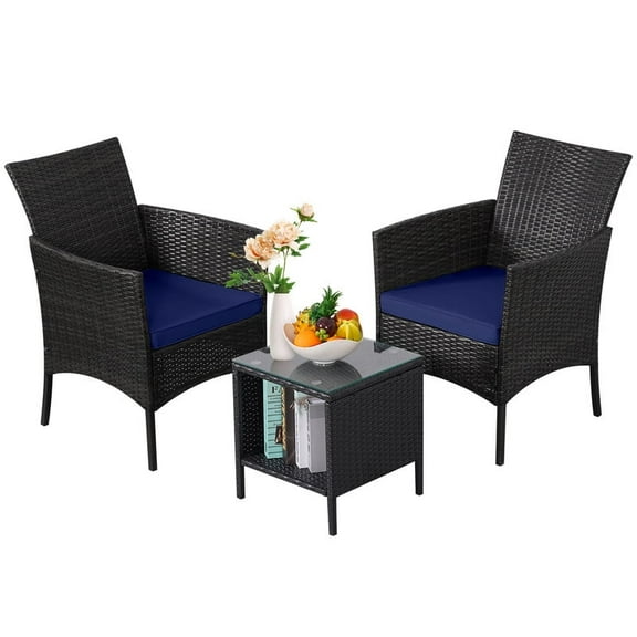 HARAISEDK Patio Bistro Furniture Set 3 Pieces Porch Sets Rattan Wicker Chairs with Table Outdoor Garden Furniture Sets Patio with Coffee Table for Yard and Bistro (Large/Dark Coffee/Dark Blue)