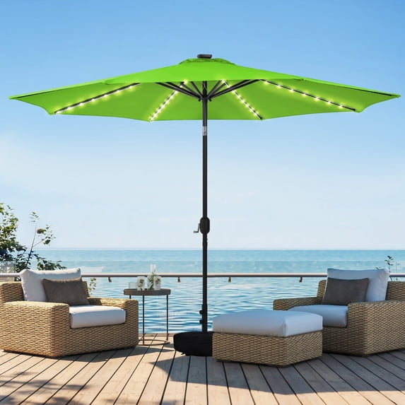 HARBOURSIDE 10ft Solar-Powered Outdoor Umbrella with LED Lights - 11 Solar LED Bulbs, Heavy Duty Base & Sand Bag for Patio/Garden/Poolside, Waterproof UV-Resistant Sun Shade Canopy,Green