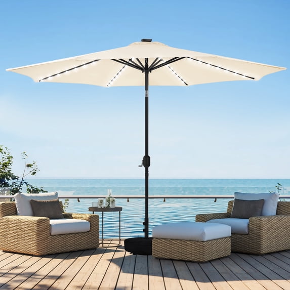 HARBOURSIDE 10ft Solar-Powered Outdoor Umbrella with LED Lights - 11 Solar LED Bulbs, Heavy Duty Base & Sand Bag for Patio/Garden/Poolside, Waterproof UV-Resistant Sun Shade Canopy,Beige