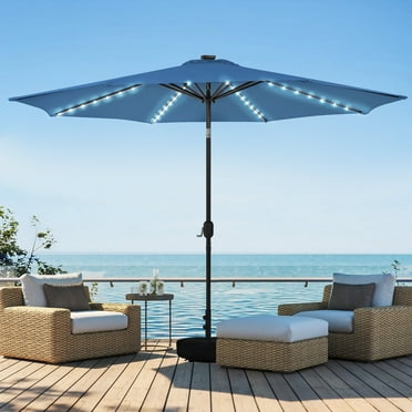 HARBOURSIDE 10ft Solar-Powered Outdoor Umbrella with LED Lights - 11 Solar LED Bulbs, Heavy Duty Base & Sand Bag for Patio/Garden/Poolside, Waterproof UV-Resistant Sun Shade Canopy,Navy