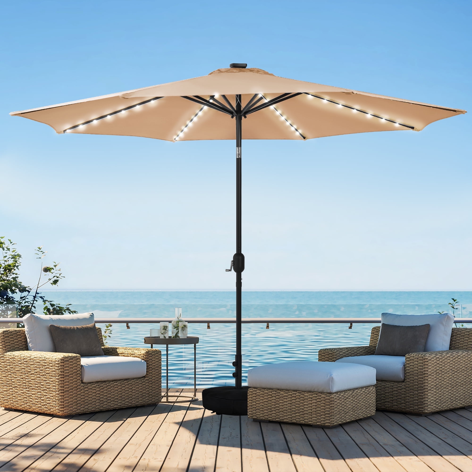HARBOURSIDE 10ft Solar-Powered Outdoor Umbrella with LED Lights - 11 Solar  LED Bulbs, Heavy Duty Base & Sand Bag for Patio/Garden/Poolside, Waterproof  UV-Resistant Sun Shade Canopy,Tan - Walmart.com