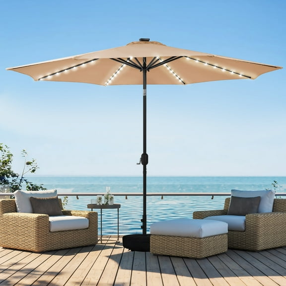 HARBOURSIDE 10ft Solar-Powered Outdoor Umbrella with LED Lights - 11 Solar LED Bulbs, Heavy Duty Base & Sand Bag for Patio/Garden/Poolside, Waterproof UV-Resistant Sun Shade Canopy,Tan